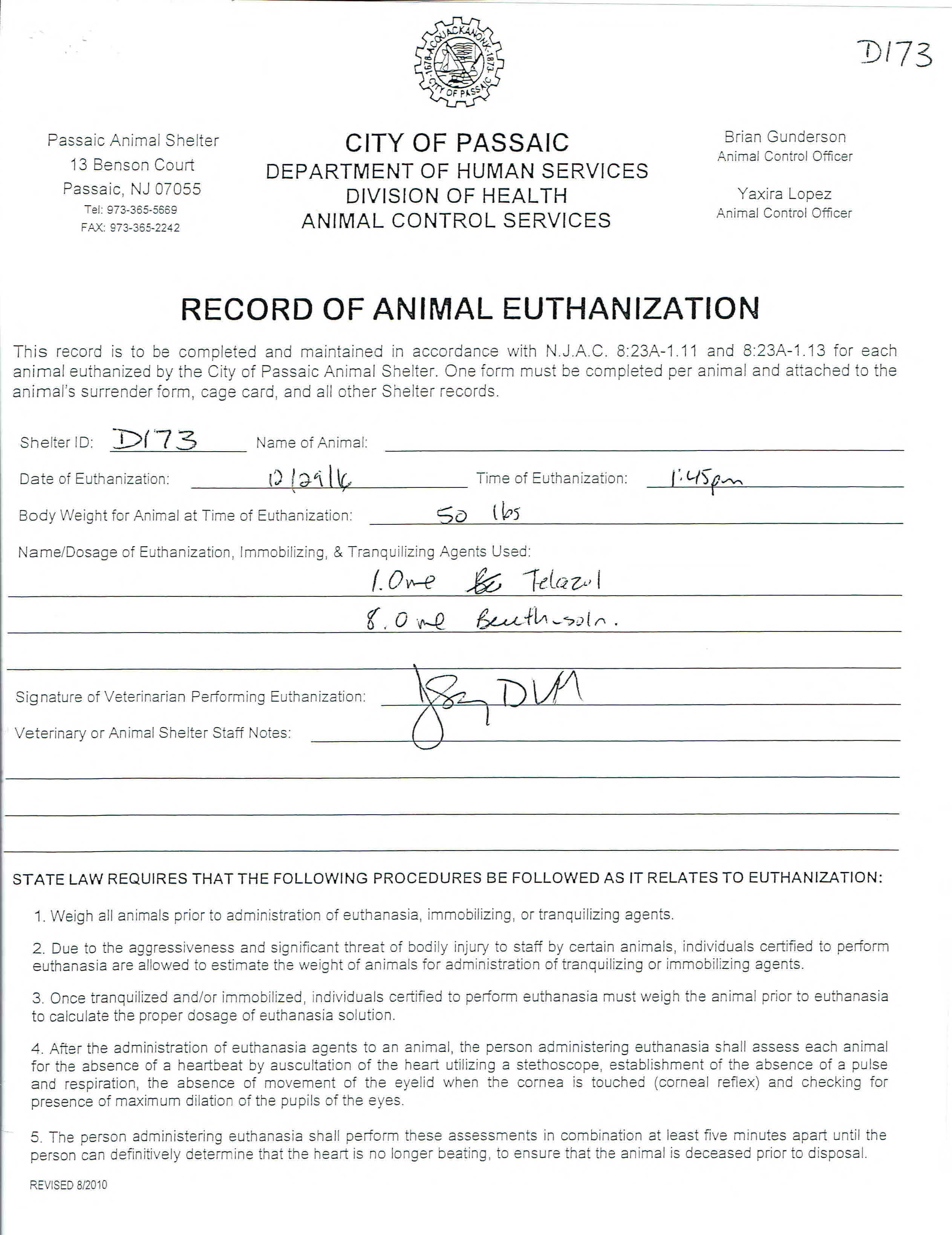 D173 Euthanasia Record