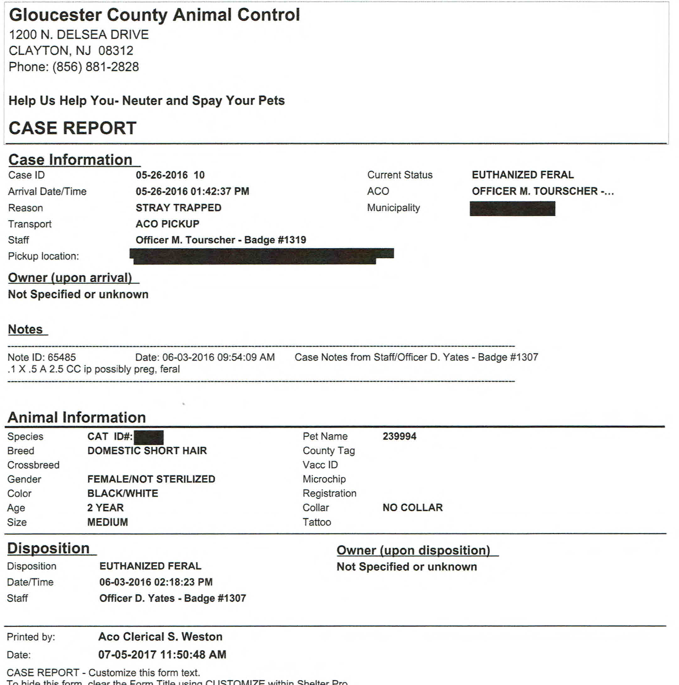 GCAS Cat 23994 Intake and Disposition Record