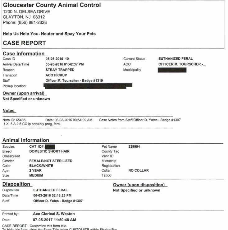 GCAS Cat 23994 Intake and Disposition Record