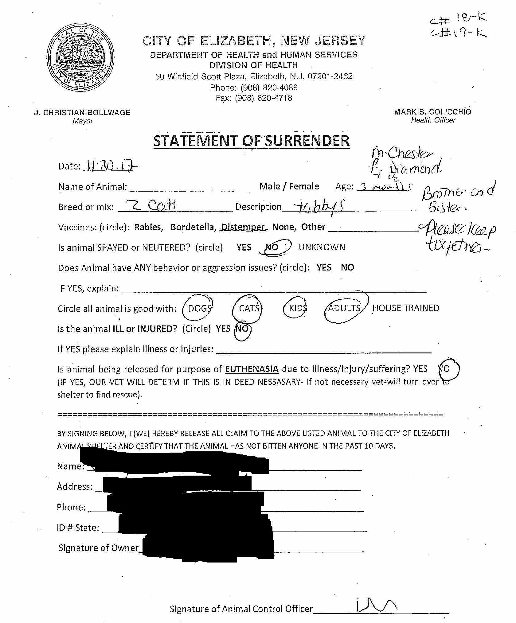 18-K Elizabeth Animal Shelter Surrender Form