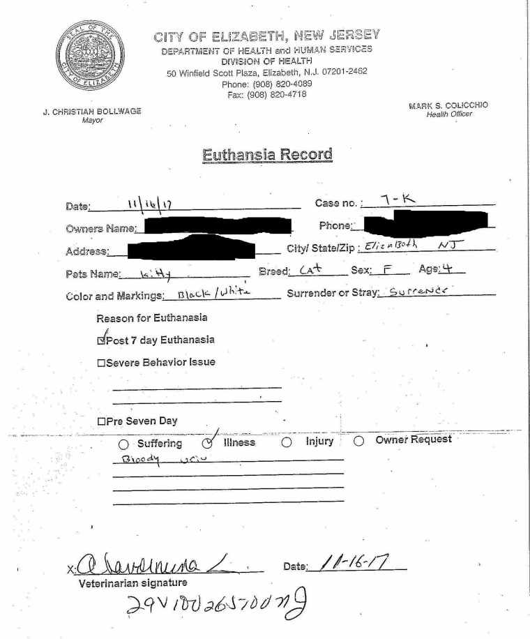 7-K Elizabeth Animal Shelter Euthanasia Record