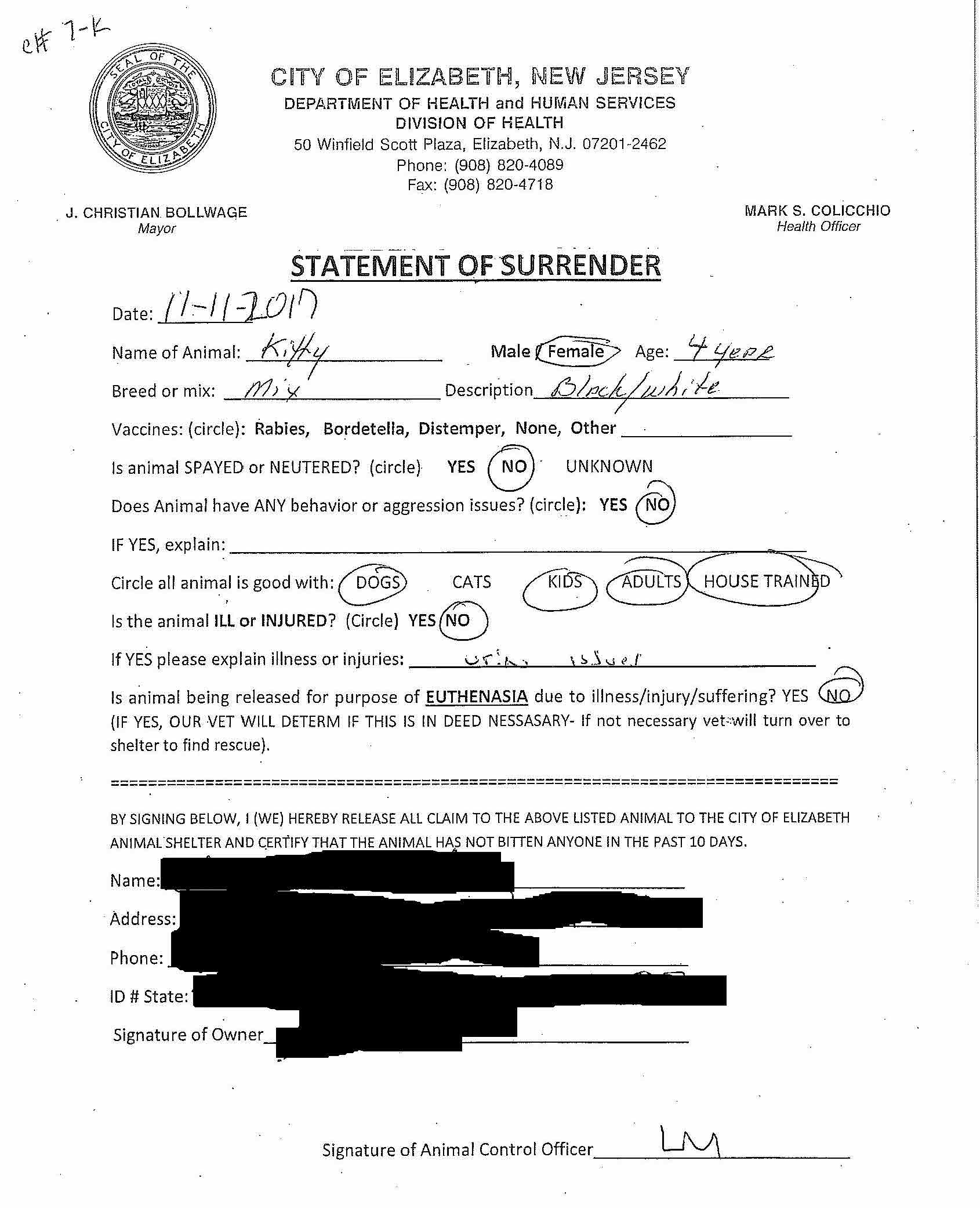 7-K Elizabeth Animal Shelter Surrender Form