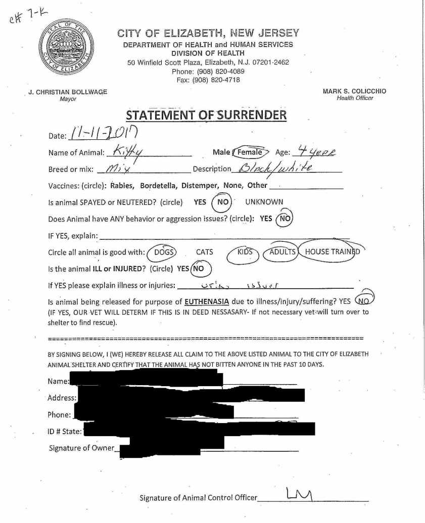 7-K Elizabeth Animal Shelter Surrender Form