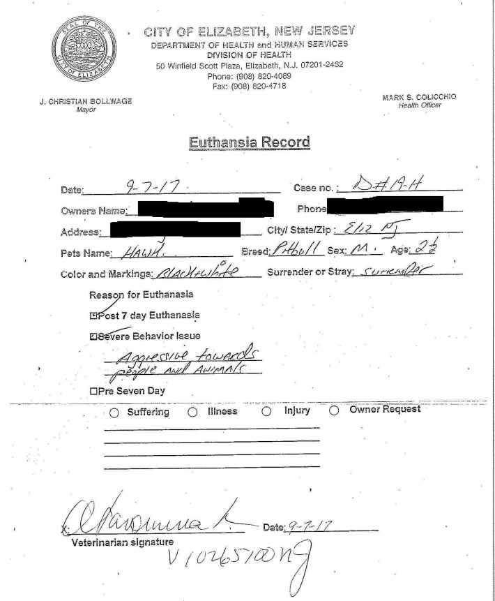 Dog 19-H Elizabeth Euthanasia Record