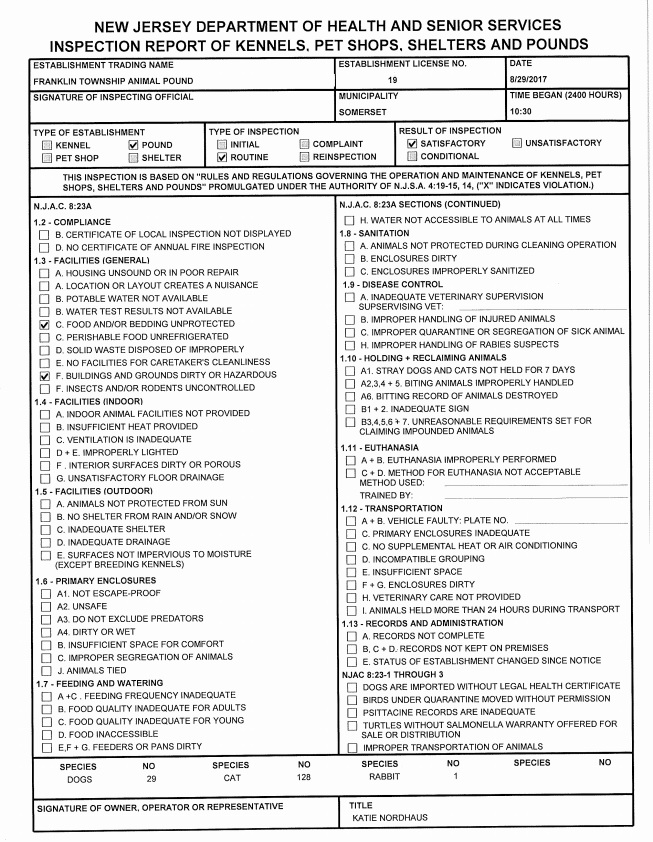 Somerset County Health Department 8.29.17 Inspection Report on Franklin Township Animal Shelter